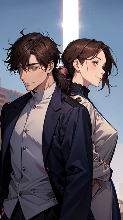 masterpiece, highest quality, 2 He, Couple, One man and one woman,mature, Adult, Height difference, Different Fashion, Different colors, Fine eyes and a fine face, , A man with a navy blue low ponytail,,Intricate details, coat,Dawn Sky,Stand back to back,Smiling man with navy blue low ponytail,Woman with long dark brown hair,The woman has her long hair down,Dark blue eyed man, Woman with light blue eyes