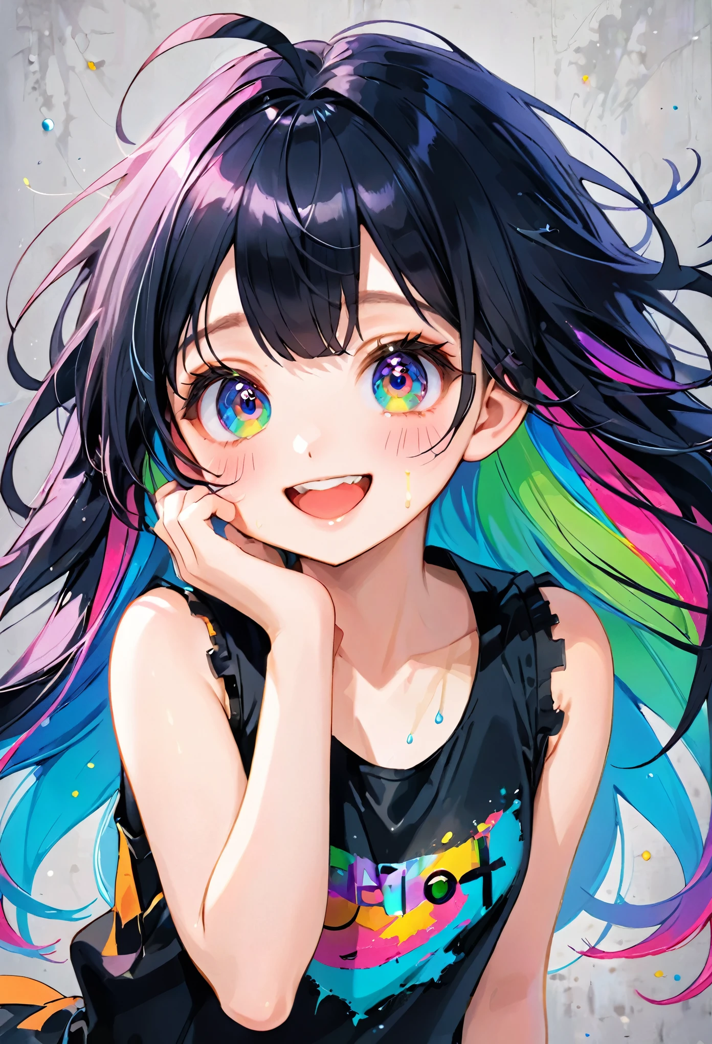 ((Masterpiece)), ((best quality)), (messy illustration:1.4), (High Definition:1.3), (Professional Photography:1.3), (()), cute young Girl, Glossy unruly hair, (loose blunt bangs), colorful hair, long hair, big eyes, (long eyelashes), ((Thin and short eyebrows)), colorful eyes, (cute smile), open mouth, jagged teeth, joy, (cute tanktop), barearms, cute, (place hand to neck), (colorful:1.3), gothic makeup, (simple concrete background),