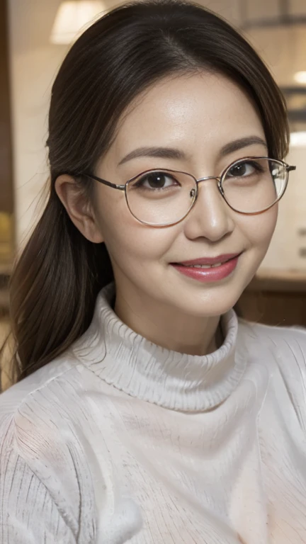 Mature attractive sexy woman,50 years old, Shut,((Big Breasts:1.2)),(Facial wrinkles:1.3),light makeup,Light brown hair,Long Hair,(Tabletop),8k, RAW Photos, highest quality, Laughter,masterpiece,highest quality、A gentle smile、A gaze that seduces viewers、(Scrunchies in a ponytail)、Inside the family restaurant、((Grey knitted sweater))、Sweaty skin、((Silver-rimmed glasses))、