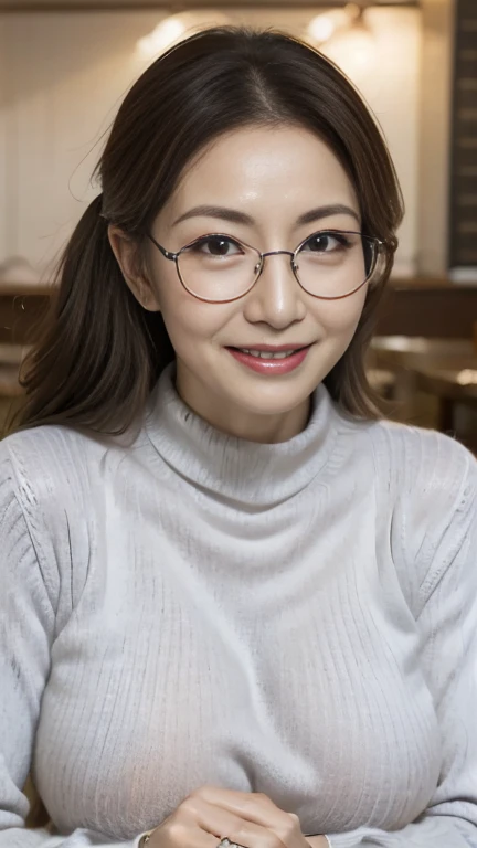 Mature attractive sexy woman,50 years old, Shut,((Big Breasts:1.2)),(Facial wrinkles:1.3),light makeup,Light brown hair,Long Hair,(Tabletop),8k, RAW Photos, highest quality, Laughter,masterpiece,highest quality、A gentle smile、A gaze that seduces viewers、(Scrunchies in a ponytail)、Inside the family restaurant、((Grey knitted sweater))、Sweaty skin、((Silver-rimmed glasses))、