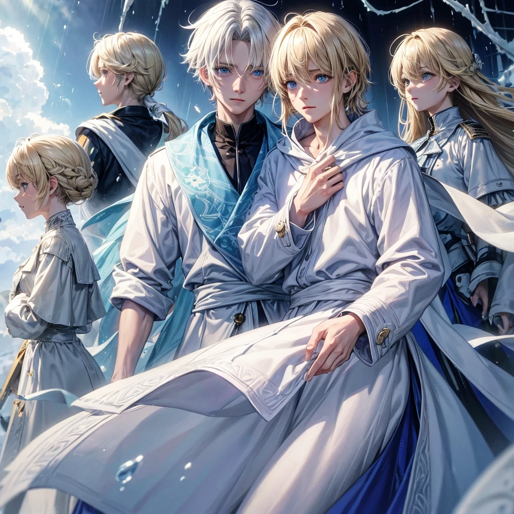 high quality
blond hair reaching, long to his shoulders, blue eyes, you can often see him in a white raincoat.
He wears mostly white casual cloak. Monocole on the eye, casual clothing style, pastel colors.
Has a monocle on one eye. Pale skin. handsome man, feminine graceful appearance.
reference sheet, reference sheet, multiple views, reference character, high quality