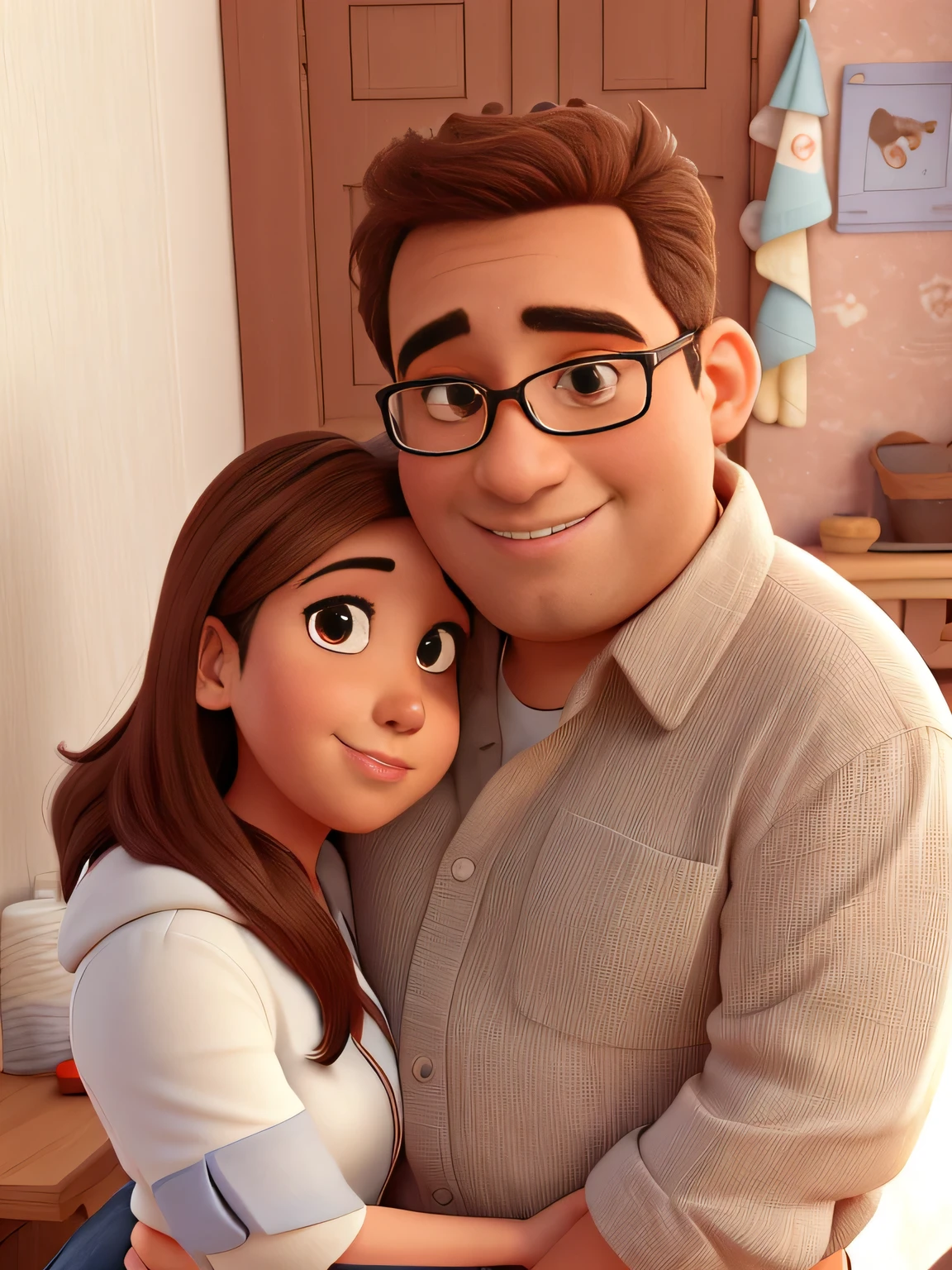 Cartoon syle, latin grown up couple hugging each other, brown hair, brown eyes, fat man and thin women on their 50's.