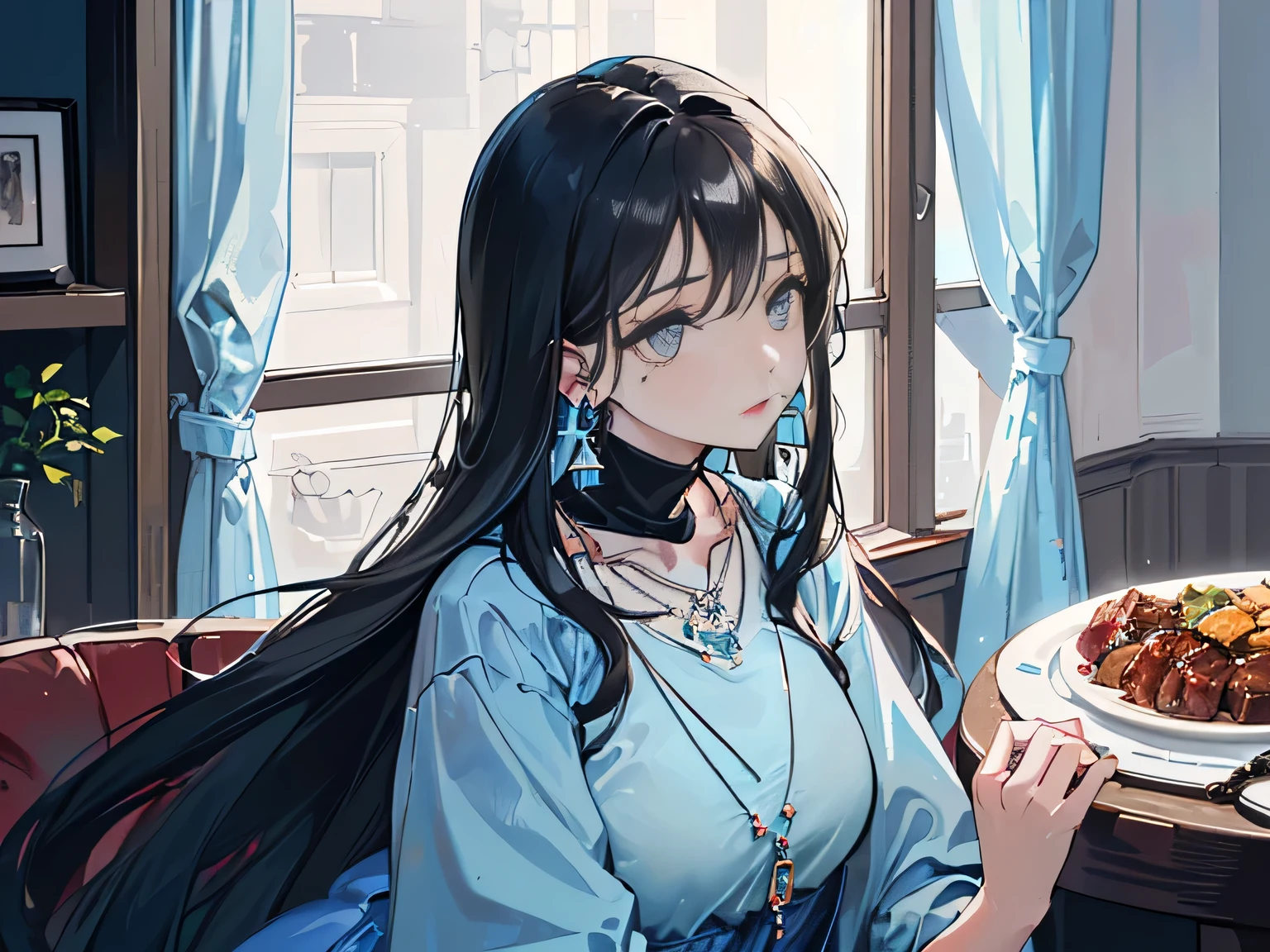 (Home:1.5),(A young woman,Long black hair,Wearing earrings and necklaces,Wearing a light blue dress,:1.8),Sit at the dinner table,ready to eat,care,There are many dishes on the table,Braised pork,Braised beef