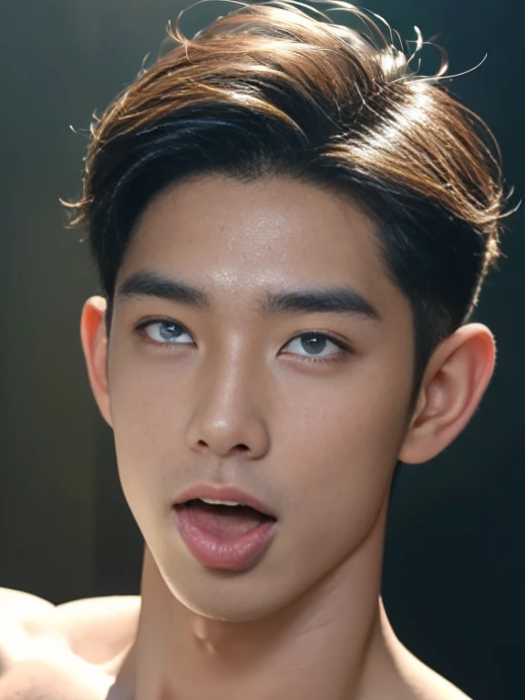 masterpiece, ultra quality, high resolution, 8k, intricate: 1.2), (detailed face:1.2), handsome, Young Korean man ,white skin, double eyelids , detailed skin, 1boy, ((realistic)), abs, good lighting quality, muscle veins, ((pale skin)),(8K, RAW photo, Highest quality),Realistic,frontage,Intricate details,opened mouth,Extremely detailed eyes and eyelasheuscular male,Manly,Exposing the pectoral muscleposing abs,white thong panties,,Soft lighting,Cinematic lighting,Portrait,Close-up,Lovingly,((good light quality)), 1boy, ahg, rolling eyes, mouth open and tongue out ,cowboy shot,, , saliva, solo, sweat, (drooling),((salivating))
