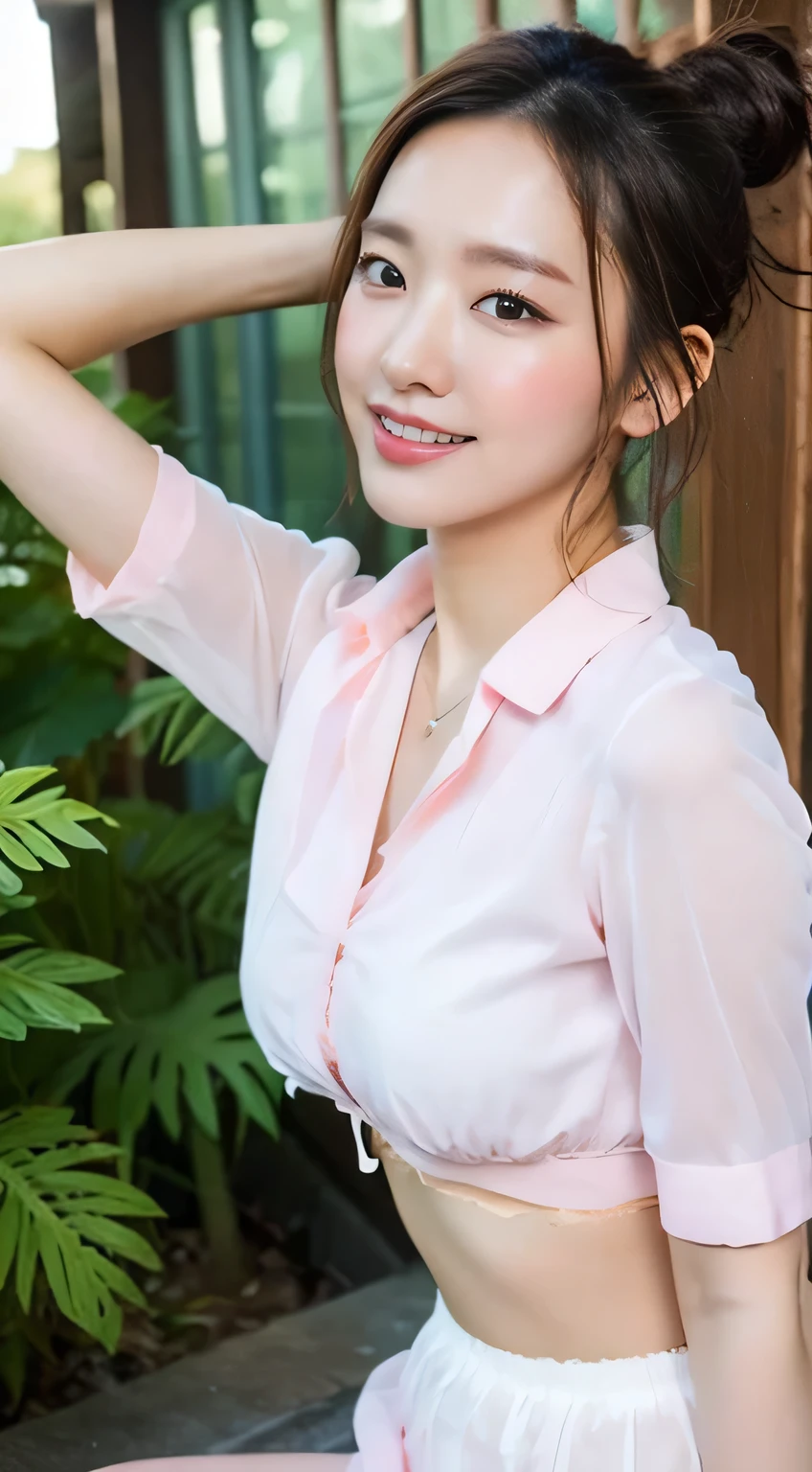 ((highest quality, 8k, masterpiece: 1.3)), Perfect body beauty: 1.4, Slim Abs: 1.2, Beautiful Woman With Slim Abs:1.3, (Highlight Haircut, Breast A cup:1.2), Small breasts, Round shaped breasts, Perfectly shaped breasts, (((loose sheer shirt))), (good, ), Simple Necklace, Highly detailed face, 18-year-old,  Beautiful woman, (Dark brown shortcuts), Slim face, Highly detailed face and skin texture, Highly detailed lips, Spread your legs, highest quality, masterpiece, 超A high resolution, (Realistic:1.4), I walked with confidence, Open your arms, Long Shot , (Outdoor), Light background, Sunset Light, ((program studio, Living room fabric sofa, Open the glass window:1.2)),

((20-year-old, Beautiful female announcer:1.2)),
((Pale milk color blouse,Tight mini skirt in pink color,Small size underwear, Do not expose your stomach:1.5)),
((Gorgeous Earrings, Silver Necklace)),

((Bright lighting, Foliage plant:1.2)),

((Sexy atmosphere, Gaze seducing a man, hold out your lips:1.2)),
((The blouse is wet,Touching her breasts to seduce a man, Focus on the inner thighs:1.2)),

((Lift your face a little)),
((Squint your eyes)), 
((Pursing your lips:1.2)),
((Blushing:1.2)),
((open your mouth slightly to show your white teeth,, stick out your tongue a little)), 
((Body facing forward)), 
((The cleavage is fluffy)), 
((Flat Chest, Beautiful breasts)),

Highly detailed skin, Fair skin, Glowing Skin, Highly detailed face, Slim face contour, Beautiful small face, Beautiful straight nose, Very fine eye, Long, narrow eyes, Brown eyes, double eyelid, Extremely fine eyebrows, thin, Long eyelashes, Ultra-detailed lips, Plump and moisturized lips, Glossy pink lips, Blushed, ((White beautiful teeth)), Beautiful actress&#39;Fatigue Make-up, Pink lipstick, Dark eyeshadow, 
Dark brown hair, Delicate and soft hair, Hair blowing in the wind, 
(Elegantly putting your hair up, short hair, ponytail:1.5), Layered Cut, (Blunt bangs:1.2),
mouth half open, Dreamy look, ((Staring at the audience)),
(((Photorealism,Shooting the whole body from the thighs:1.2))), ((Body facing sideways)),
Dynamic Lighting,

