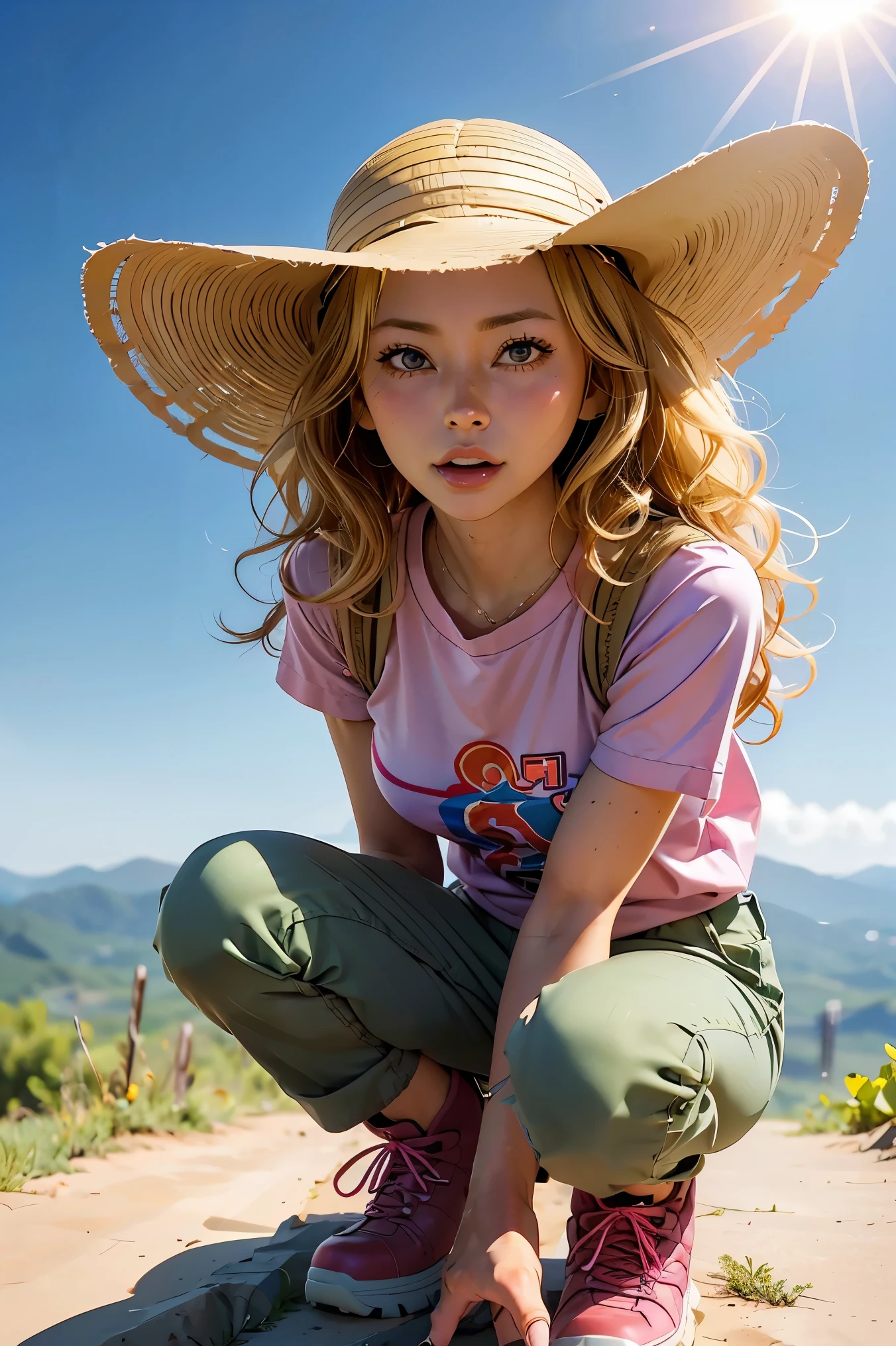 cartoon of a woman named Liz Legge standing ((looking at the camera)), ((curly blonde hair), blue sun hat, pink_shirt, khaki_pants, hiking_boots,  ((wow expression)), highly detailed, masterpiece, very realistic