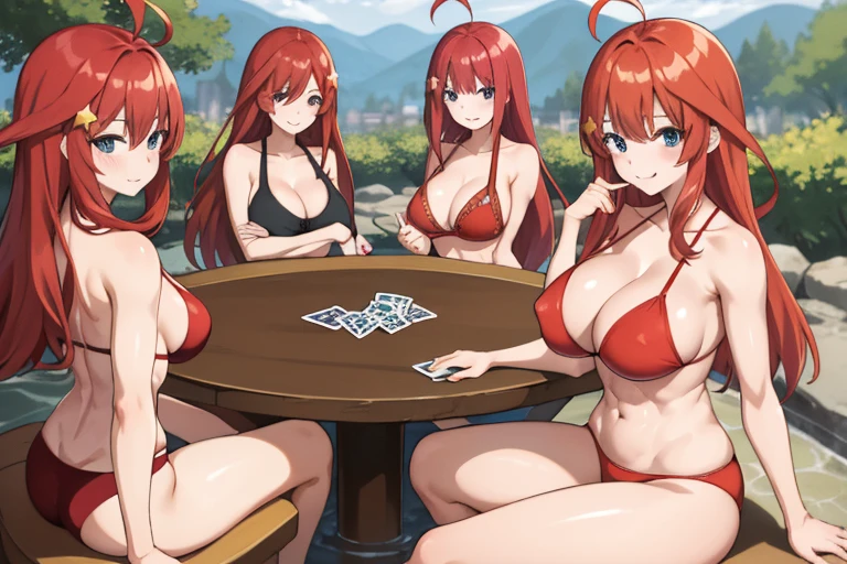 2d, masterpiece, best quality, anime, highly detailed, 5 girl, photo of 5 girl, quintuplets, nakano itsuki, red hair, long hair, star hair ornament, ahoge, large , standing, onsen, red bikini, outdoors, smile, abdominal, abs muscular, belly button,e breasts, bales, sitting crossed legs, yoga, round table filled with 5 quintuplets, playing cards strip poker, on all fours