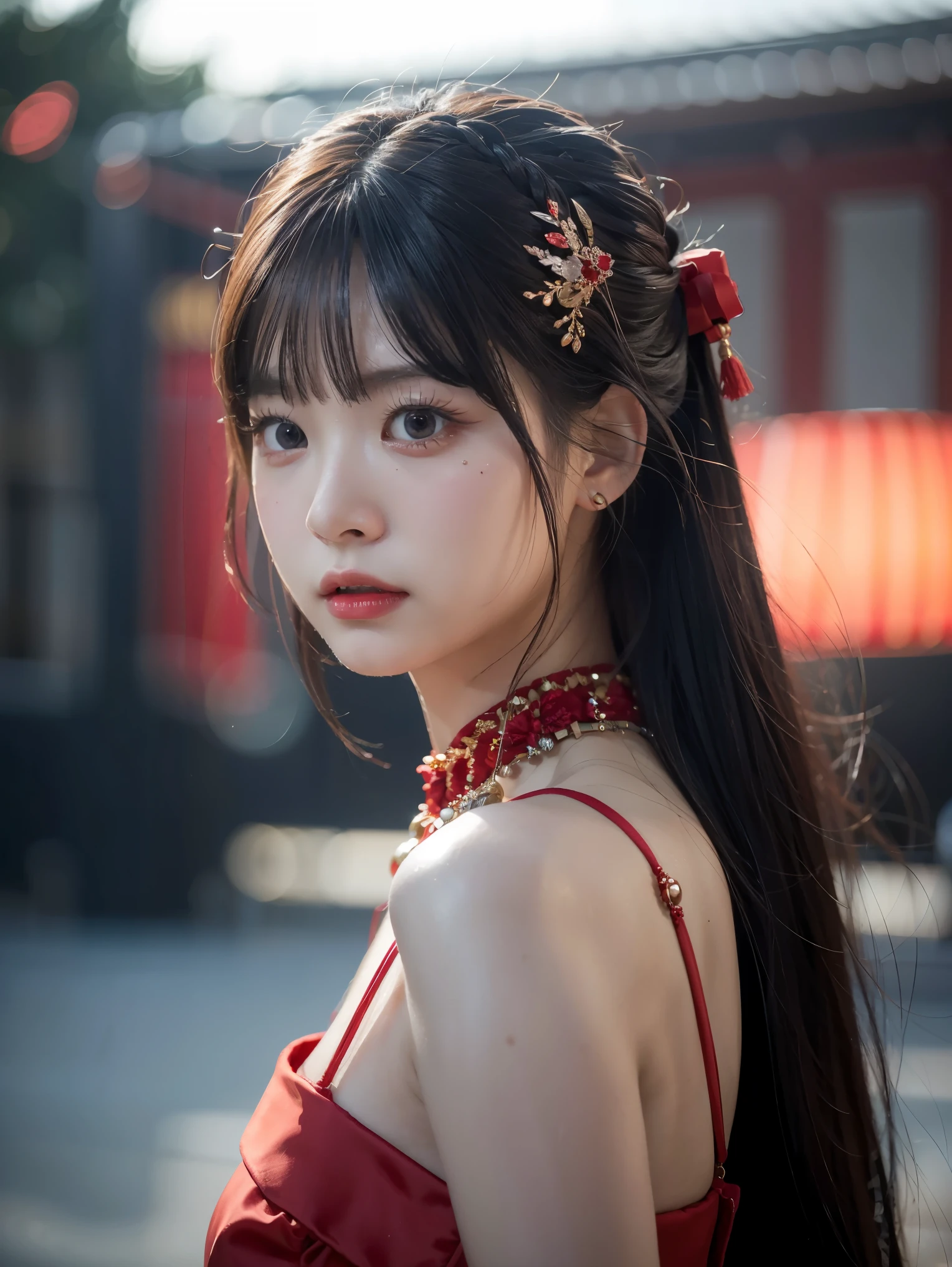 best quality, masterpiece, highres, 1girl, china hanfu,chinese architect background, red scarf, hair ornament,necklace, jewelry,Beautiful face,upon_body, tyndall effect,photorealistic, dark studio, rim lighting, two tone lighting,(high detailed skin:1.2), 8k uhd, dslr, soft lighting, high quality, volumetric lighting, candid, Photograph, high resolution, 4k, 8k, Bokeh,red dress girl