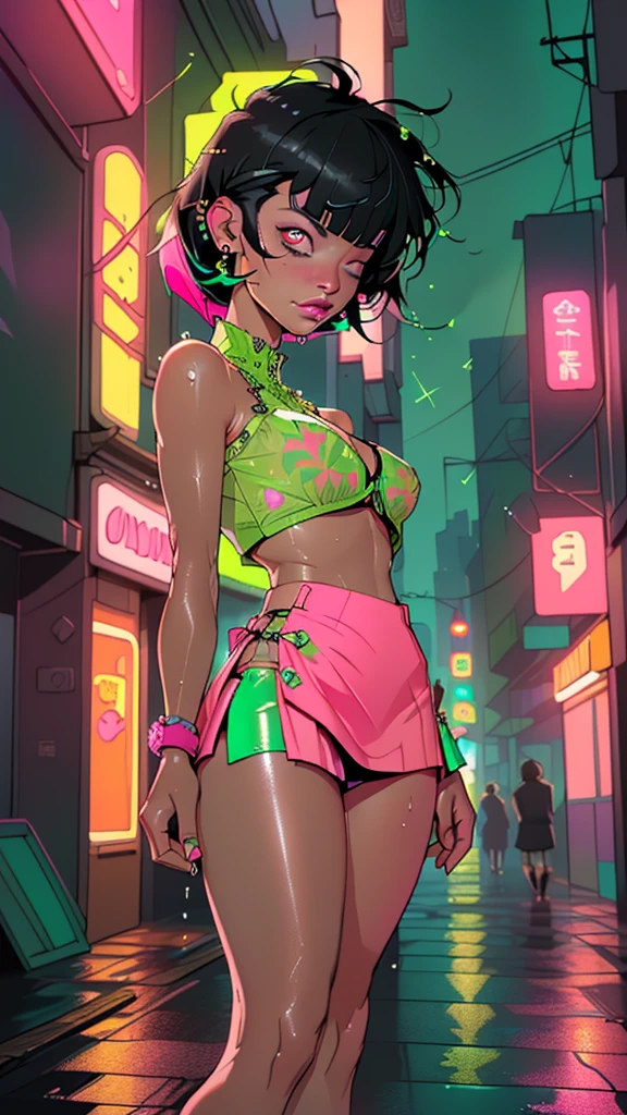 girl dancing,(((1girl))),((girl with extremely cute and beautiful black hair)),
(large breasts:1.4),(((black hair:1.35,hair over one eye, blunt bangs, long sideburns, messy hair, bob cut))),(((eyes_green:1.3))),intricate eyes,beautiful detailed eyes,symmetrical eyes,((fat)),((((lustrous skin:1.5,bright skin: 1.5,shiny skin,very shiny skin,shiny body,plastic glitter skin,exaggerated shiny skin,shiny skin like ebony,illuminated skin,wet legs))),(spider lower abdomen,narrow waist,wide hip,athletic body,inflated legs, thick thighs,detailed body,(detailed face), toned abs),
cute,slutty,seductive,erotic,(nsfw),
zettai ryouiki,revealing clothing,show skin,((rave bikini with an green print,((neon pink color rave mini-skirt)),visible thong straps)),((underpants strap)),(wearing a rave dancing outfit:1.3,rave dancing clothes,semi-naked,with little clothing),((wet clothes,intricate outfit,intricate clothes)),
(dynamic pose:1.0),embarrassed,(centered,scale to fit dimensions,Rule of thirds),
cyberpunk city by the ocean at night, with bright neon signs and dark stormy clouds and puddles, scenery:1.25,nighttime, starry night, cosmos,Very dark night that makes the neon lights stand out, very bright neon lights,
artistic photography,(photography taken by sldr),highres, sharp focus,(ultra detailed, extremely detailed), (photorealistic artwork:1.37),(extremely detailed CG unity 8k wallpaper),((synthwave background theme)),(((vibrant colors))),intricate,(intricate background),(masterpiece),(best quality),perfect rendered face,perfect face details,realistic face,photo realistic,analog style,((intricate detail)),(((realism))),