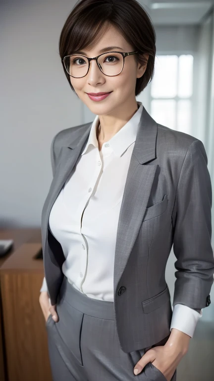 (highest quality,8k,masterpiece),
日本人Mature Woman,40 years,Mature Woman,Pure white skin, ((Full body photography:0.85))、
Full breasts、　((White collared blouse))、((Grey tailored jacket))、Grey pantsuit、Brown short bob、Silver-rimmed glasses、
,A gentle smile、A gaze that seduces viewers、In-house offices、