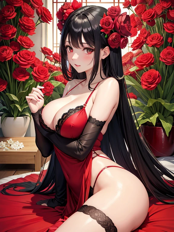 raffed woman in lingerie posing on a bed with a red rose, lingerie, very sexy devil outfit, Red and Black costume!!!, wearing sexy lingerie, laced lingerie, Black and Red, attractive, Fantasy Costume, Black and Red silk clothing, Black and Red only, lingerie!!, silk, Teasing, Red and Black, sexy, sexy :8, tumbler、Surreal Waigi Flowers, Soft Light Misty, Magic Flower, A flower with very long petals, Glowing Flower, Alien Flower, Beautiful images, Shiny delicate flowers, Stunningly beautiful,Higanbana、Amaryllis、a close up of a field of Red flower in a forest, Red flowerが咲く, Light but dark red, A glimpse of red, Red flower, Very red color, Red Forest, bright red, bright red colors, Red flower of different types, bright red and green colours, In the world of red dreams, Red magic surrounds her, Red Iris、 Japanese House, Amazing light reflection, Traditional Japanese colors, Gorgeous composition, Magical colors and atmosphere, Black Hairの、Black Hair、Black Hairの姫カット、Black Hairのロング、hair ornaments、hairpin、Decorate your hair with flowers、Decorate your hair with flowersびら、The most beautiful woman、wonderful、Stylish、Exquisite style、dual、Iris、Seductive eyes、Full Body Lesbian、Butt、Nipples、Pink areola、clitoris、Strand、Strand間