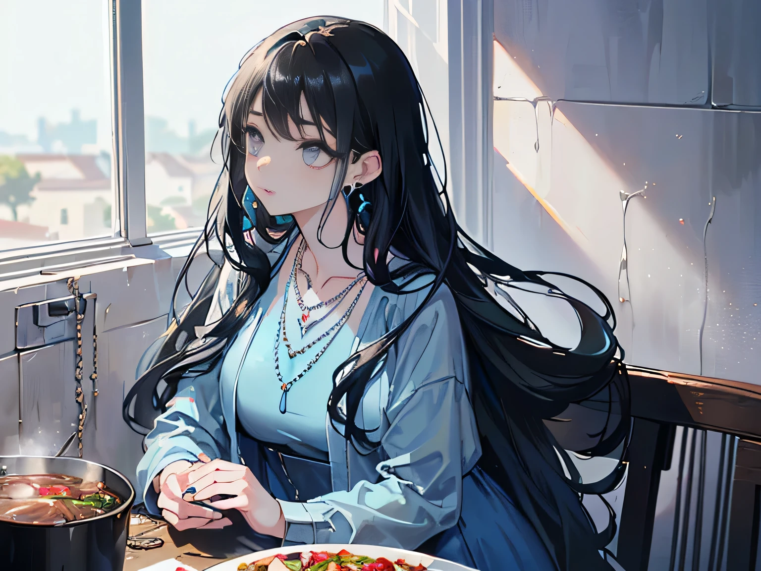 (Home:1.5),(A young woman，Long black hair，Wearing earrings and necklaces，Wearing a light blue dress,:1.8),Sit at the dinner table，ready to eat，care，There are many dishes on the table，Braised pork，Braised beef