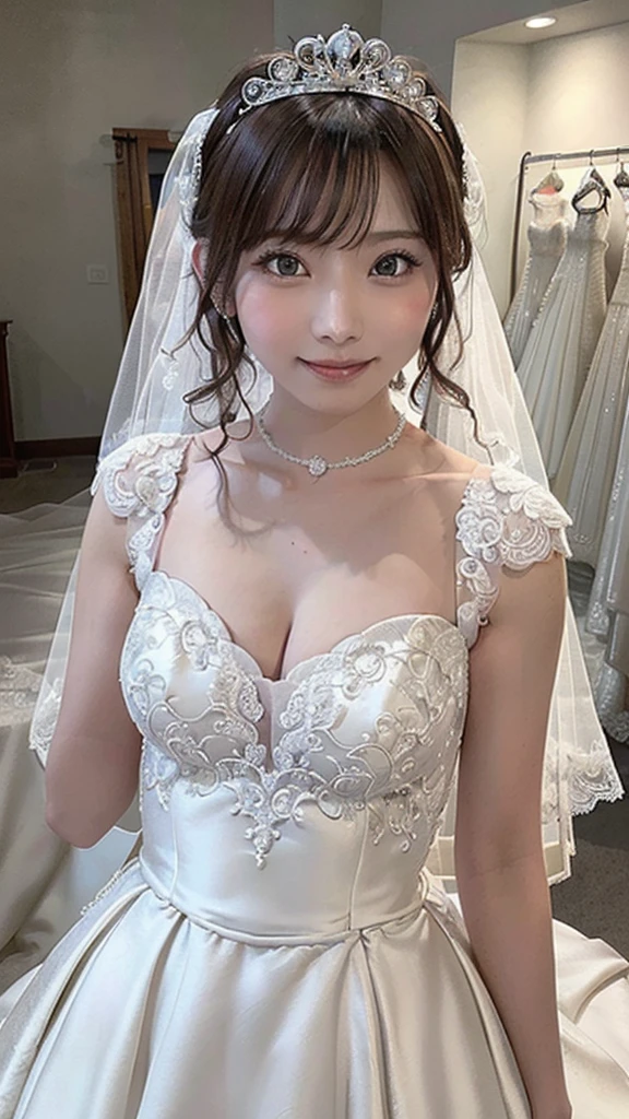 (highest quality, On the table:1.2), (Actual:1.3), (非常にDetailed Background, Detailed Background), Bokeh,Shooting from the side, ((Medium chest)), [Beautiful Valley],(Princess line wedding dress:1.3),(head:1.5), Bridal Tiara, Wedding Veil, Bridal Gloves, Upper Body, Beautiful wedding venue near the sea, teenager, Lovely,smile,