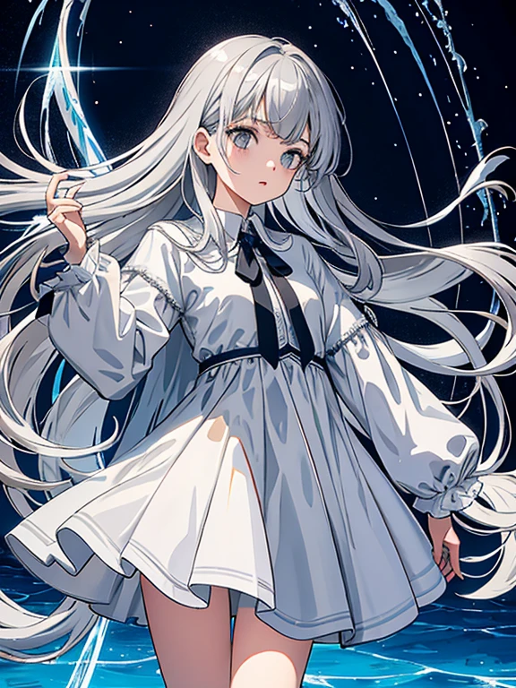xcdd, dress, Water play, star, water, null, night, Shine, Shine, star, night null, Backlight, Particles of light, Floating Hair,, Absurd, ultra detailed, masterpiece, highest quality, beautiful, detailed,, Severe, One girl, (White eyes:1.1), (Grey Eyes:1.3), Gray Hair, Very long hair, Parted hair, Parted bangs, Medium chest,