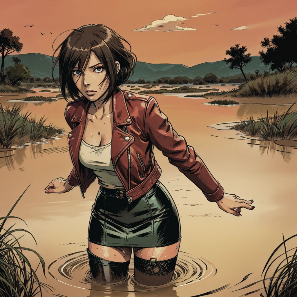 An anime woman with colored hair, leather jacket, skirt, nylon stockings, heels, crop-top, simulates intercourse, in quicksand, drowns,