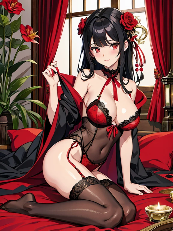 raffed woman in lingerie posing on a bed with a red rose, lingerie, very sexy devil outfit, Red and Black costume!!!, wearing sexy lingerie, laced lingerie, Black and Red, attractive, Fantasy Costume, Black and Red silk clothing, Black and Red only, lingerie!!, silk, Teasing, Red and Black, sexy, sexy :8, tumbler、Surreal Waigi Flowers, Soft Light Misty, Magic Flower, A flower with very long petals, Glowing Flower, Alien Flower, Beautiful images, Shiny delicate flowers, Stunningly beautiful,Higanbana、Amaryllis、a close up of a field of Red flower in a forest, Red flowerが咲く, Light but dark red, A glimpse of red, Red flower, Very red color, Red Forest, bright red, bright red colors, Red flower of different types, bright red and green colours, In the world of red dreams, Red magic surrounds her, Red Iris、 Japanese House, Amazing light reflection, Traditional Japanese colors, Gorgeous composition, Magical colors and atmosphere, Black Hairの、Black Hair、Black Hairの姫カット、Black Hairのロング、hair ornaments、hairpin、Decorate your hair with flowers、Decorate your hair with flowersびら、The most beautiful woman、wonderful、Stylish、Exquisite style、dual、Iris、Seductive eyes、Full Body Lesbian、Butt、Nipples、Pink areola、clitoris、Strand、Strand間