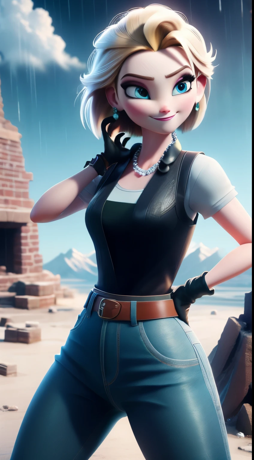 best quality, high-res, and18, 1girl, android 18, solo, blonde hair, blue eyes, belt, green jeans, pearl, necklace, bracelets, black gloves, white shirt, short hair, short sleeves, earrings, green leggings, open vest, black vest, medium breasts, cowboy shot, battle ruins, straight-on, mountain view, (weather: rainy), cute smile, combat stance, wide hips,