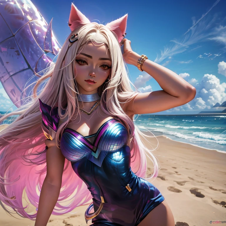 K/DA All Out Ahri, bem detalhado, Bikini, na praia, deitada, mostrando o corpo todo, bastante sensual, durante o por do sol.