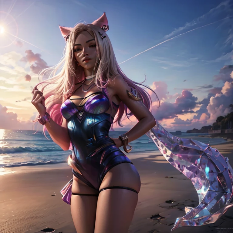 K/DA All Out Ahri, bem detalhado, Bikini, na praia, deitada, mostrando o corpo todo, bastante sensual, durante o por do sol.