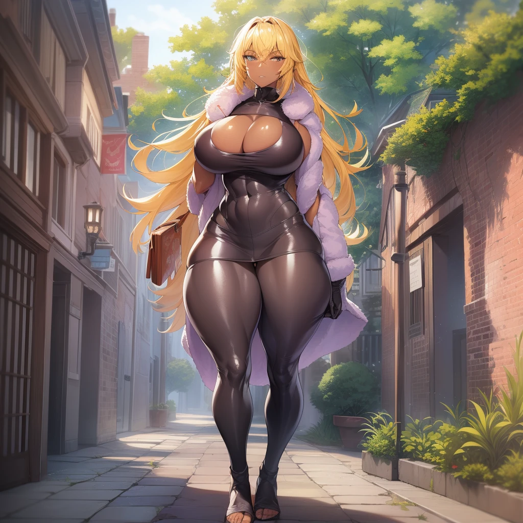 Muscle girl, dark-skinned woman, big chest, thick buttocks, thick thighs, happy,, coat jacket, pants, portrait, 1character, full body, walking, long dress, medieval, village, farm, forest,flipflops,blond hair,, leopard cloths