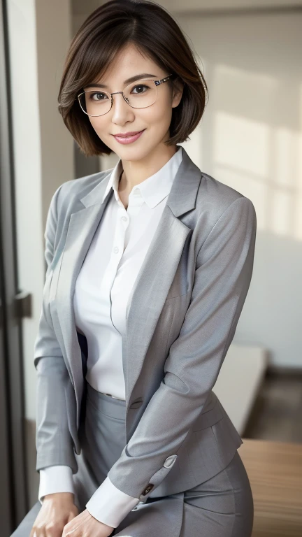 (highest quality,8k,masterpiece),
日本人Mature Woman,40 years,Mature Woman,Pure white skin, ((Full body photography:0.85))、
Full breasts、 ((White collared blouse))、((Grey tailored jacket))、Grey tight skirt、Brown short bob、Silver-rimmed glasses、
,A gentle smile、A gaze that seduces viewers、In-house offices、