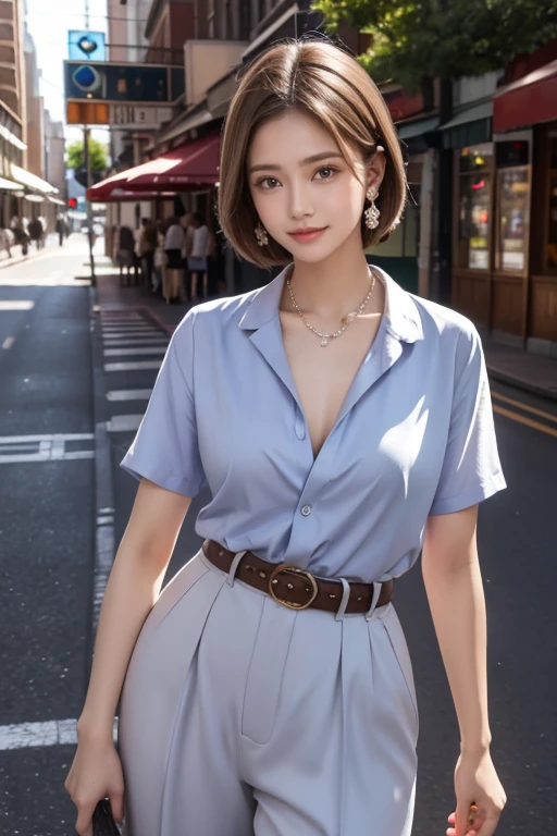 highest quality, Very detailed, masterpiece, 1 person,woman,(((完璧なwomanの体))),Very beautiful face, Very beautiful body,Gentle expression, Very beautiful eyes,(Perfect Makeup:1.1),short hair,Shaggy Hair,hair color,Ash Brown Hair:1.3, Very thin body,Smart Abs, dark blue,Short Blazer,Short sleeve dress shirt, Sash belt, Cotton Silk Long Pants,necklace,anklet,Elegant pumps,A kind smile,whole body Portraiture,(Street background:1.3), (Shiny skin), (Many colors:1.4) ,(Earrings),