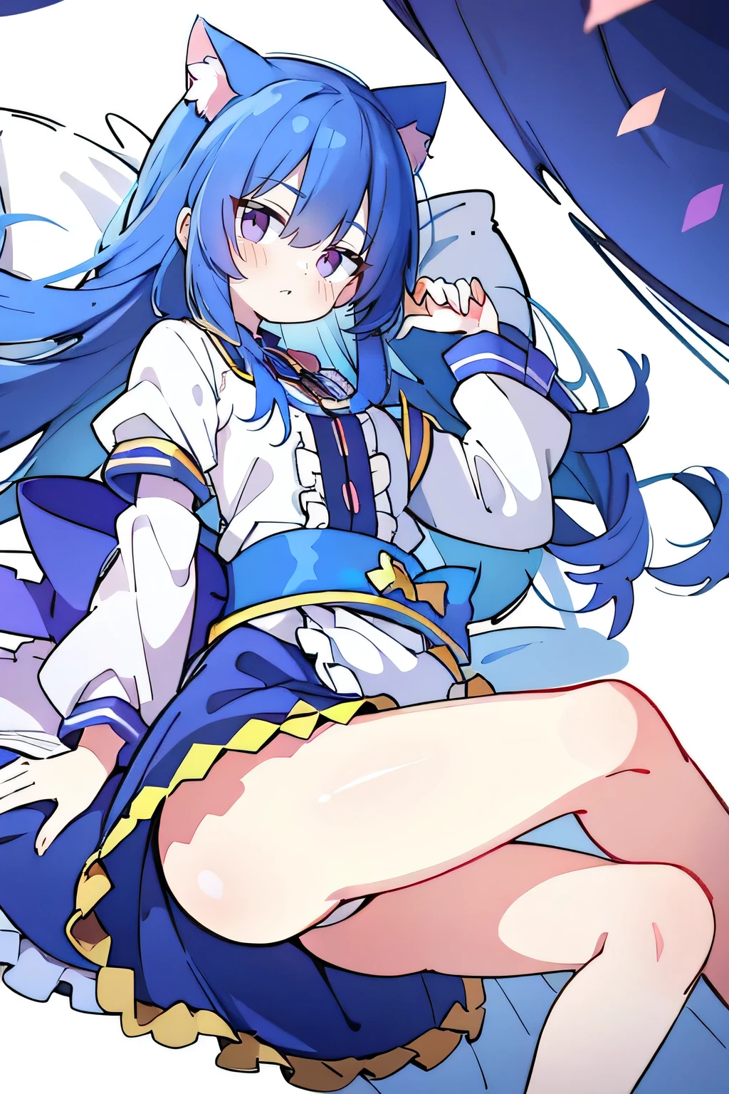 （masterpiece：1.2），Super detailed，lifelike，Expressive eyes，fair skin，perfect face shape，1 girl，
Japanese comics,Gorgeous blue hair,flowing blue hair,flowing clothes,Cat ears,Petals fall,beautiful lola,Baby Angel,
Shaking head with one hand，Lying gracefully on the ground，Cross your legs，Gentle and peaceful background，The pavilion is cool and comfortable,smile.