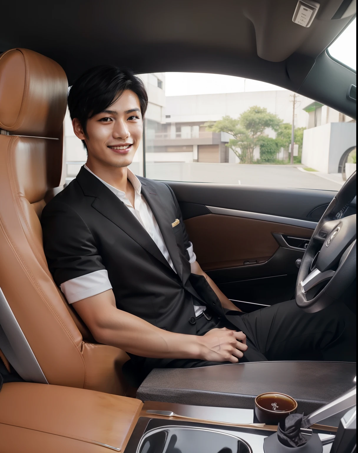 ung Japanese man, , Black short hair color, Smooth skin, Black eyes, Smile , Black Blazer, Realist, High-end restaurant background, 8k super Realist, super detalhado e Realist