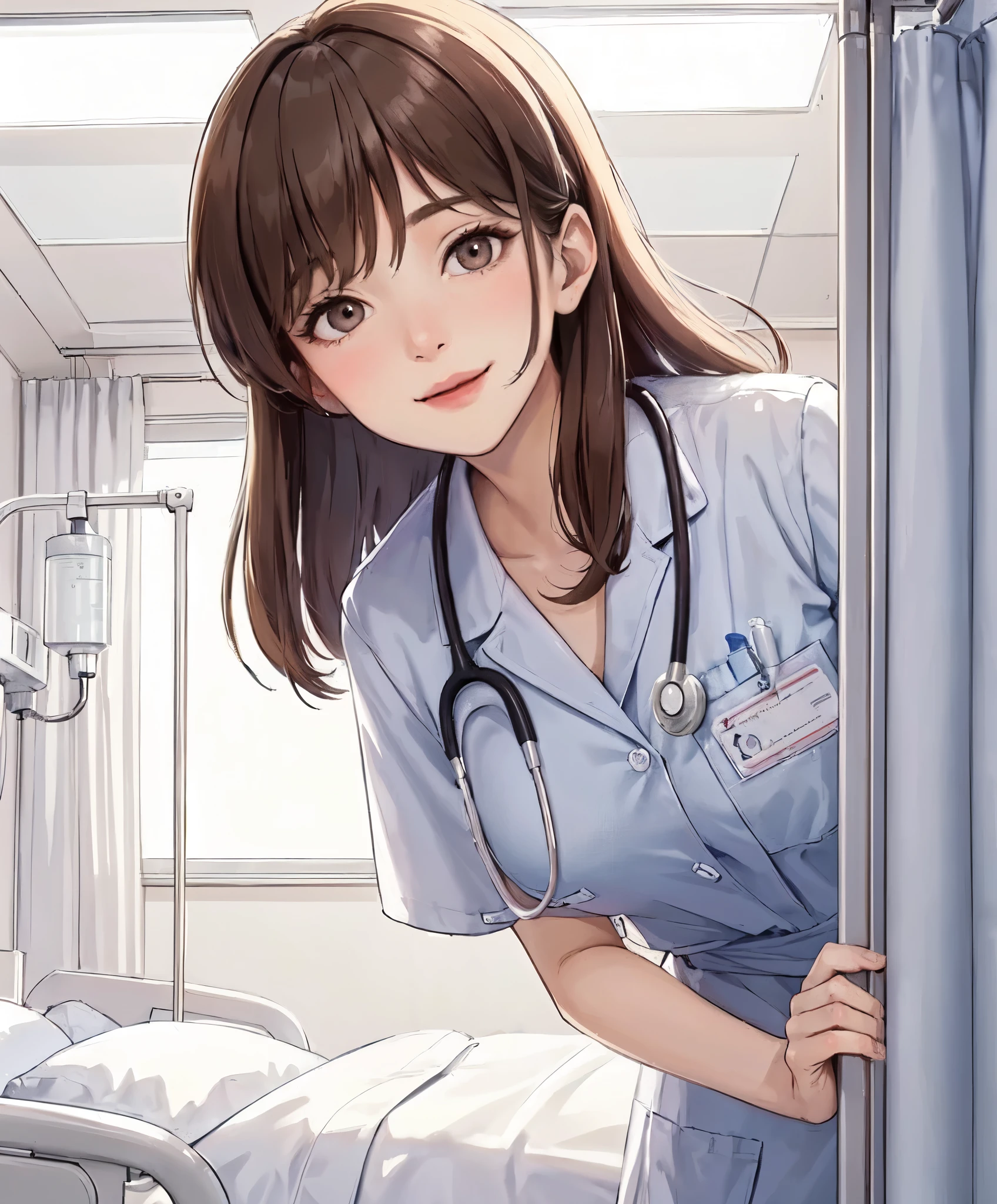 1lady solo, (looking down), (from below), (peeking out from behind partition curtain), healthcare worker, (nurse uniform), mature female, /(brown hair/) bangs, kind smile, (masterpiece best quality:1.2) delicate illustration ultra-detailed, large breasts, /(stethoscope around neck/) BREAK (hospital room) indoors, (bright white ceiling:1.2), (perspective from bed:1.2), detailed background