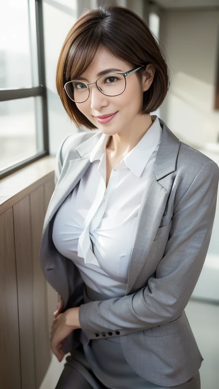(highest quality,8k,masterpiece),
日本人Mature Woman,40 years,Mature Woman,Pure white skin, ((Full body photography:0.85))、
Full breasts、 ((White collared blouse))、((Grey tailored jacket))、Grey tight skirt、Brown short bob、Silver-rimmed glasses、
,A gentle smile、A gaze that seduces viewers、In-house offices、