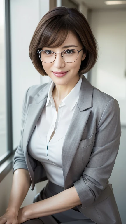 (highest quality,8k,masterpiece),
日本人Mature Woman,40 years,Mature Woman,Pure white skin, ((Full body photography:0.85))、
Full breasts、　((White collared blouse))、((Grey tailored jacket))、Grey tight skirt、Brown short bob、Silver-rimmed glasses、
,A gentle smile、A gaze that seduces viewers、In-house offices、