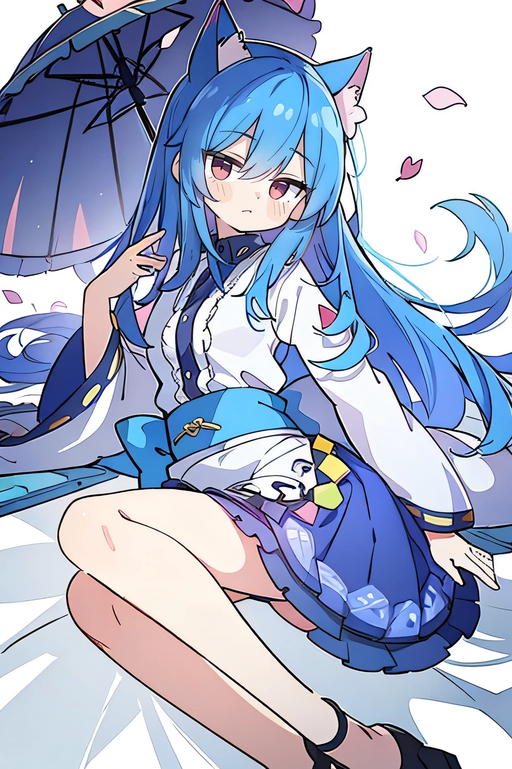 (masterpiece:1.2),Super detailed,lifelike,Expressive eyes,fair skin,perfect face shape,1 girl,
Japanese comics,Gorgeous blue hair,flowing blue hair,flowing clothes,Cat ears,Petals fall,beautiful lola,Baby Angel,
,Cross your legs,Gentle and peaceful background,The pavilion is cool and comfortable,
