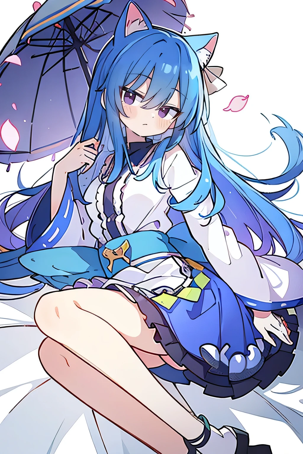 (masterpiece:1.2),Super detailed,lifelike,Expressive eyes,fair skin,perfect face shape,1 girl,
Japanese comics,Gorgeous blue hair,flowing blue hair,flowing clothes,Cat ears,Petals fall,beautiful lola,Baby Angel,
Shaking head with one hand,Lying gracefully on the ground,Cross your legs,Gentle and peaceful background,The pavilion is cool and comfortable,smile.