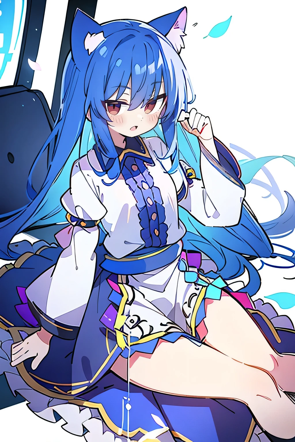(masterpiece:1.2),Super detailed,lifelike,Expressive eyes,fair skin,perfect face shape,1 girl,
Japanese comics,Gorgeous blue hair,flowing blue hair,flowing clothes,Cat ears,Petals fall,beautiful lola,Baby Angel,
Shaking head with one hand,Lying gracefully on the ground,Cross your legs,Gentle and peaceful background,The pavilion is cool and comfortable,smile.