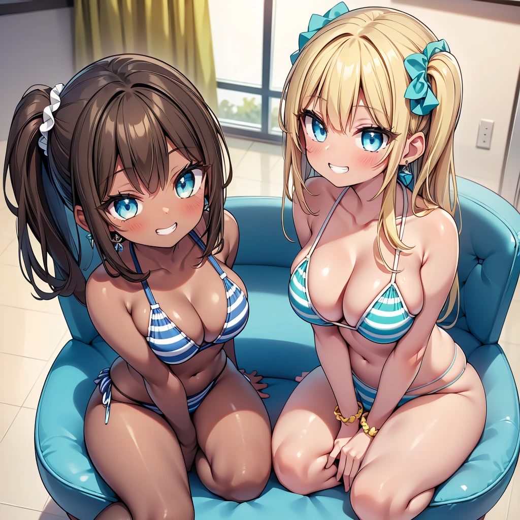 (cute eyes:1.2), (sparkling eyes:1.2), (8K, Best image quality, highest quality, masterpiece), Detailed face, (2 girls), Improve, ((Brown Skin:1.3)), blonde, Low Ponytail, Scrunchie, Yellow Eyes, Earrings, Wicked Smile, ((Grin)), (glamorous), (miidum :1.1), (Light blue striped micro bikini:1.3), Sit on a chair, whole body, Classroom Background, (black stockings:1.2), (Thighs:1.2), (Waistline),(from above:1.2)