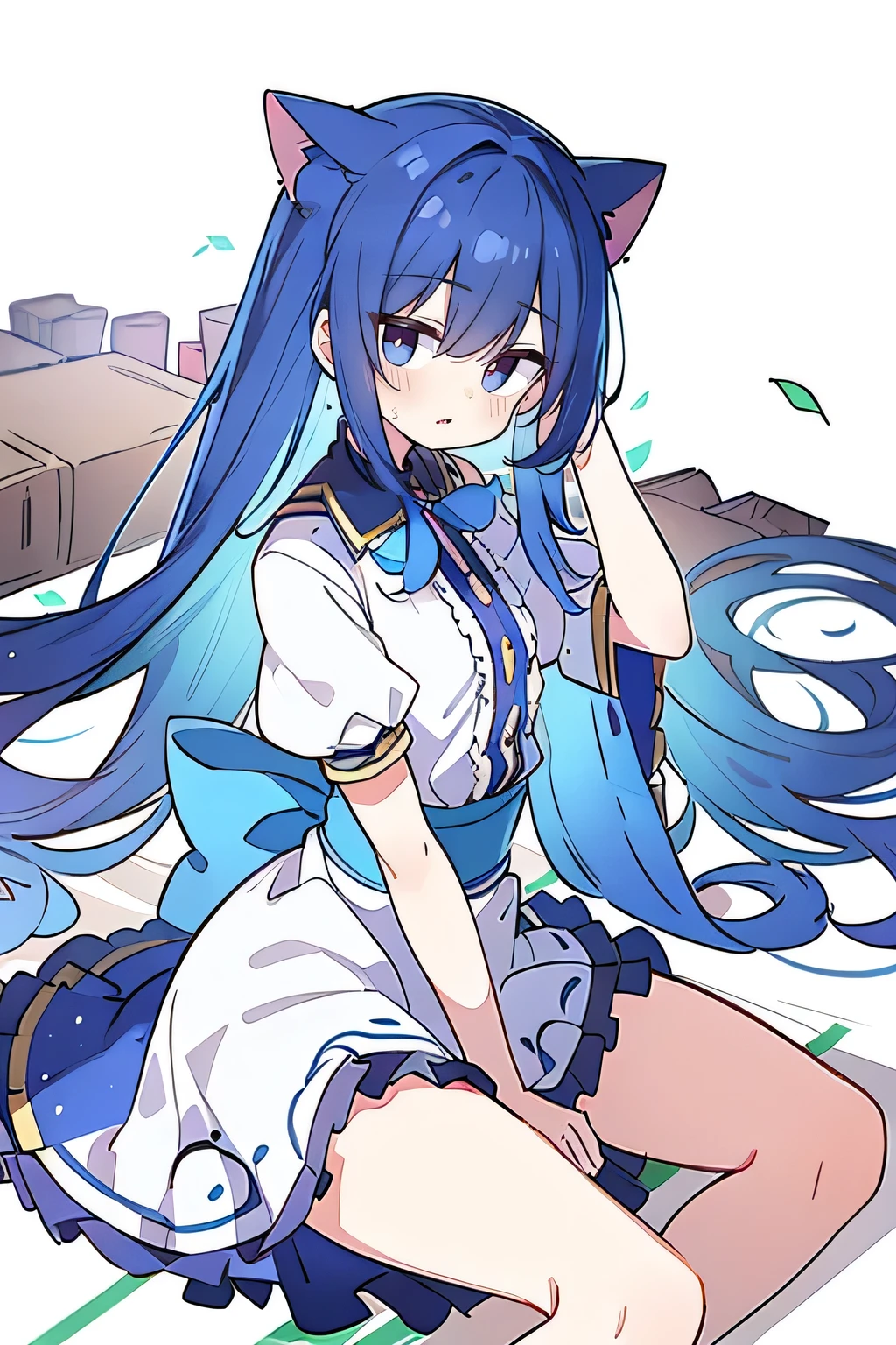 (masterpiece:1.2),Super detailed,lifelike,Expressive eyes,fair skin,perfect face shape,1 girl,
Japanese comics,Gorgeous blue hair,flowing blue hair,flowing clothes,Cat ears,Petals fall,beautiful lola,Baby Angel,
Shaking head with one hand,Lying gracefully on the ground,Cross your legs,Gentle and peaceful background,The pavilion is cool and comfortable,smile.