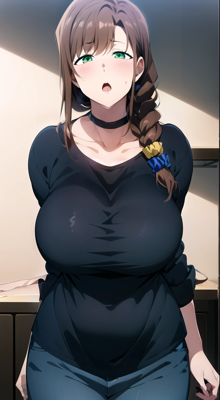 1girl, solo, long hair, looking at viewer, open mouth, large breasts, brown hair, shirt, long sleeve, loose shirt, hair ornament, green eyes, collarbone, braid, pants, black shirt, single braid, scrunchie, hair over shoulder, hair scrunchie, mature female, wide hips, :O (CHOKER) (SWOLLEN HIPS) 