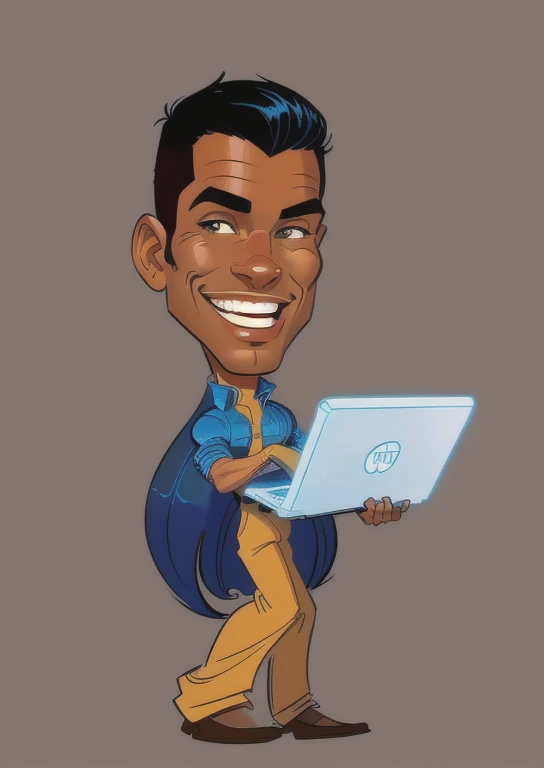 4k, comic babes, Boris Vallejo, cartoon man holding a laptop and smiling, cartoon art style, cartoon style, cartoon digital art, caricature illustration, digital art cartoon, cartoon style, cartoon illustration digital character, cartoon style illustration, cartoon digital painting, professional illustration, draw digitally on wacom tablet, dark skinned man with a giant smile, digital drawing, cartoon illustration, cartoon portrait, digital illustration