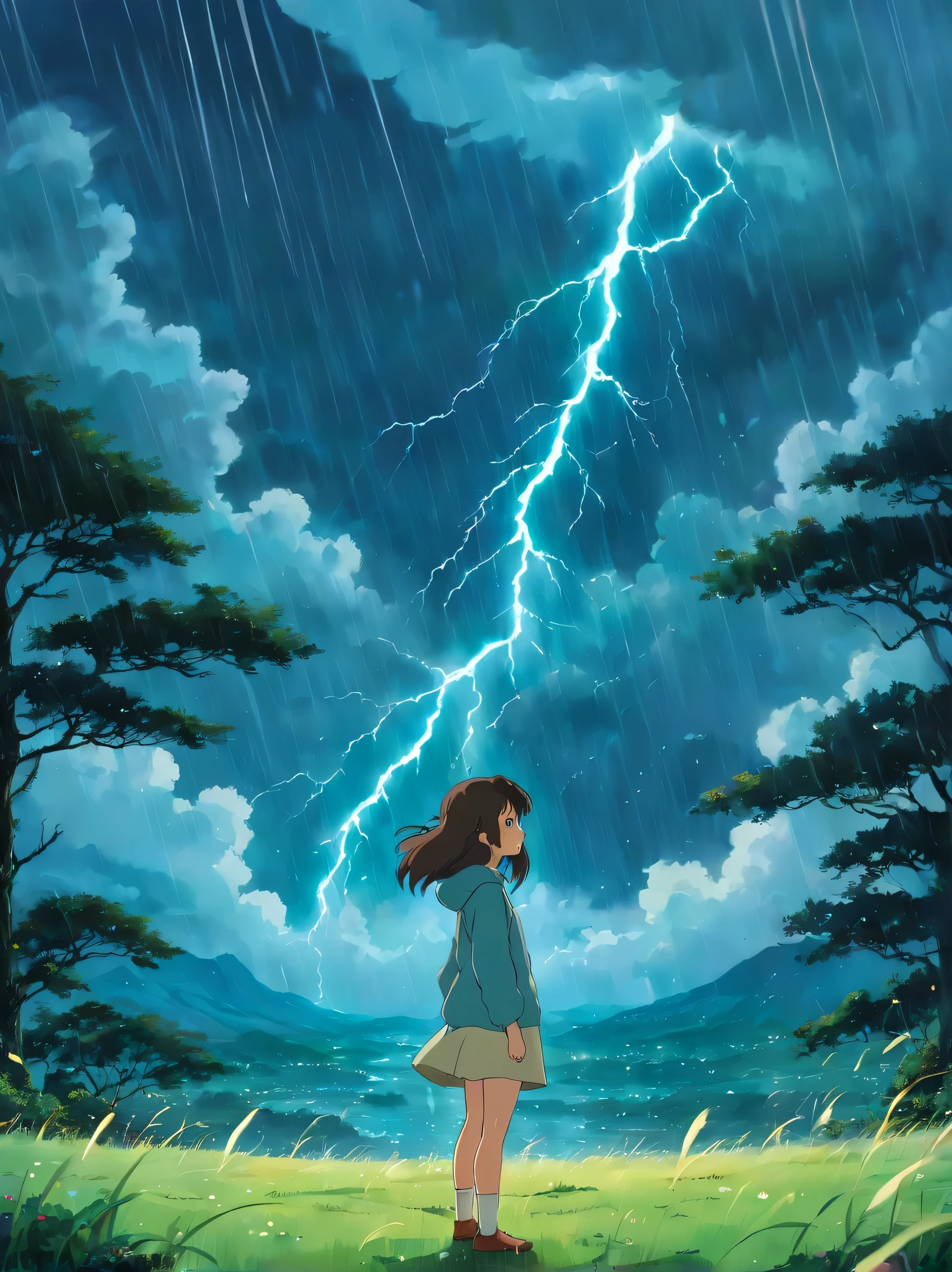 Anime girl, beautiful and slender, with a melancholic expression, standing alone on a lush green patch, amidst wild and swirling stormy weather. Her long, flowing hair dances in the wind, mingling with the raindrops that glisten in the dim light. The storm rages on around her, the thunder rumbling in the distance, and the lightning illuminating the sky. Despite the turmoil around her, she remains still, lost in thought, her sad eyes reflecting the stormy emotions within. The rain continues to fall, each drop a testament to her solitude and introspection. It's a surreal scene of serenity amidst the chaos,