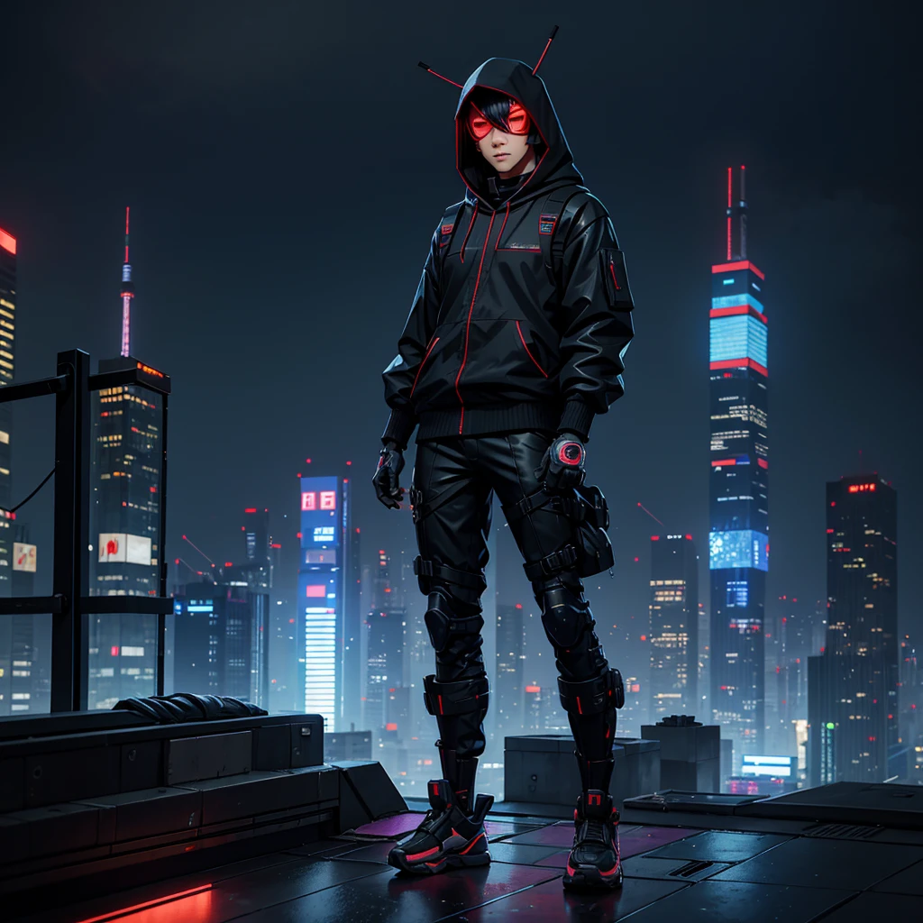 Japanese male hooded cyberpunk hacker, wearing high-tech headgear and high-tech backpack, standing on a high rooftop overlooking the city of Tokyo, during heavy rain and thunder, at night