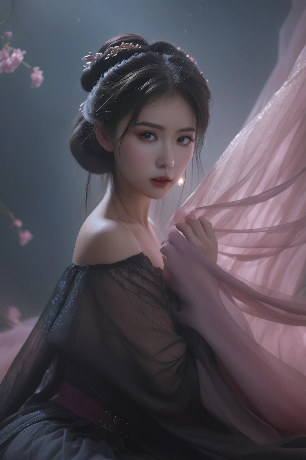 Ultra HD, 8k, Super detailed, Movie Photos of Dark Fantasy Art, girl in tulle skirt,making eye contact, dark, Moody, dark fantasy style, Beautiful Lights, great composition