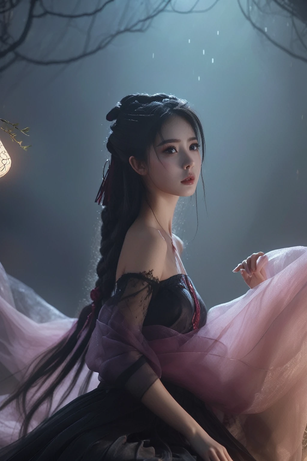 Ultra HD, 8k, Super detailed, Movie Photos of Dark Fantasy Art, girl in tulle skirt,making eye contact, dark, Moody, dark fantasy style, Beautiful Lights, great composition