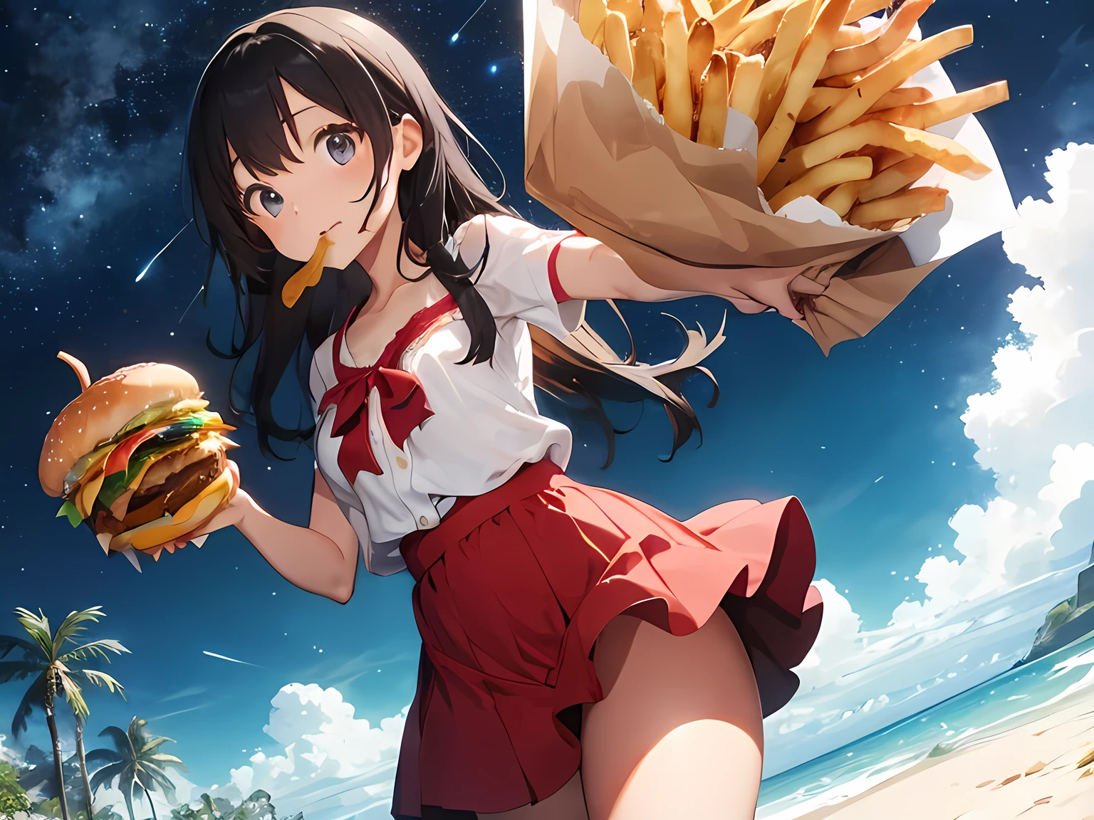 Girl stuffing her face with extra-large cheeseburger and fries、Sandy beach and late night starry sky、whole body、Bright red long flared skirt