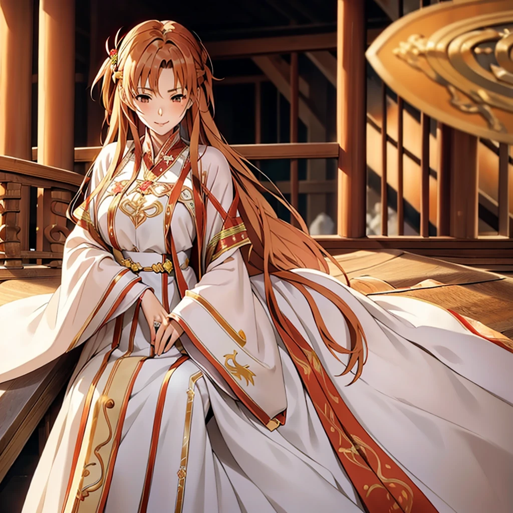 ((highest quality)), ((masterpiece)), (detailed), Perfect Face、Yuuki Asuna、Brown Hair、Hanfu、cuddling with a man、Man and wedding、The woman is in a wedding dress、Woman has a happy face、Gorgeous hair ornament、Luxury accessories、The woman is the empress、The man is the prince、She hugs the man and presses her face against his chest.、Man hugs woman、Man and woman kissing