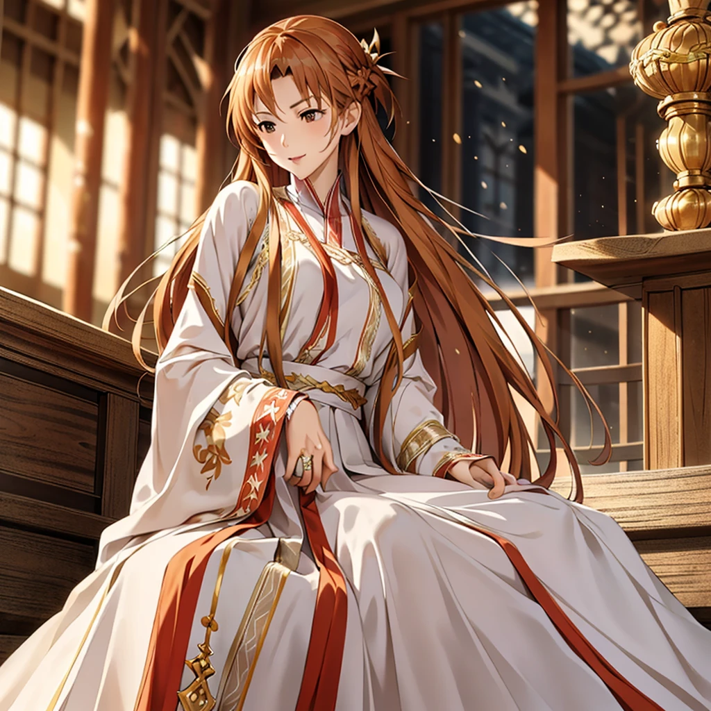 ((highest quality)), ((masterpiece)), (detailed), Perfect Face、Yuuki Asuna、Brown Hair、Hanfu、cuddling with a man、Man and wedding、The woman is in a wedding dress、Woman has a happy face、Gorgeous hair ornament、Luxury accessories、The woman is the empress、The man is the prince、She hugs the man and presses her face against his chest.、Man hugs woman、Man and woman kissing