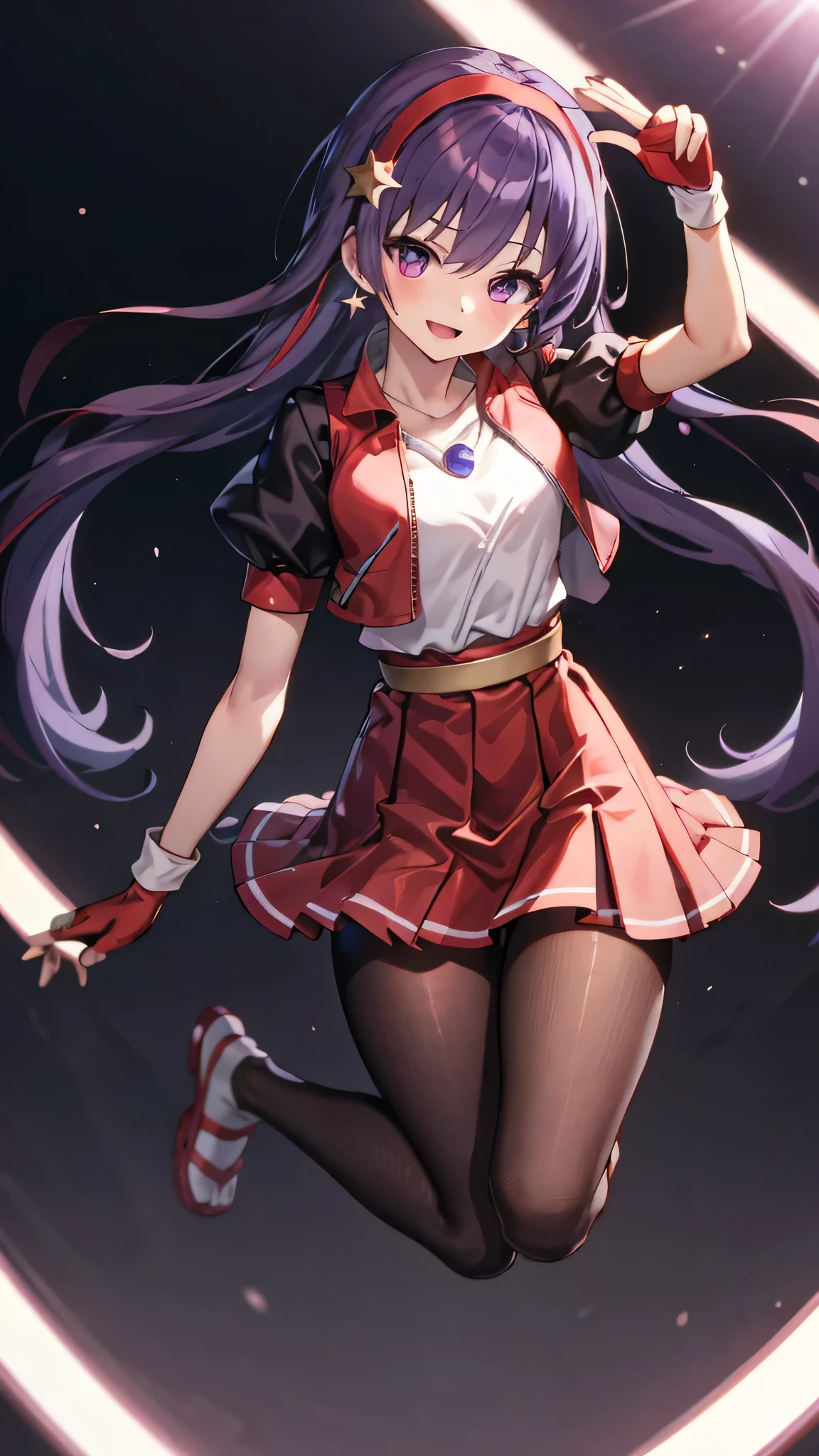 {{{masterpiece}}}, {{{best quality}}}, {{ultra-detailed}}, {illustration}, {{an extremely delicate and beautiful}}, 8k, nsfw, Asamiya Athena(The King of Fighters 97), Slender beautiful legs Purple eyes, Purple hair, Long hair, white earrings, red hairband, star hair ornament, medium breats, Red vest, white high-necked, White puffy sleeves, Short sleeves, Red pleated skirt, barefoot, Yellow belt, purple sphere shape necklace, deep red pantyhose, thighhighs, zettai ryouiki, white short socks, Red shoes, BREAK, Cute girl are having a street fight, flying kick, jump, kick, open mouth, smiling, looking at viewer, outdoor, on stage, flashy action
