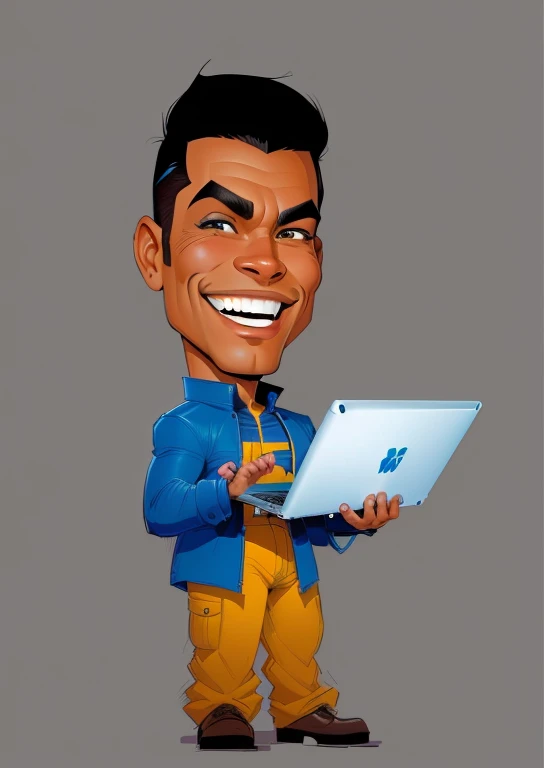 4k, comic babes, Boris Vallejo, cartoon man holding a laptop and smiling, cartoon art style, cartoon style, cartoon digital art, caricature illustration, digital art cartoon, cartoon style, cartoon illustration digital character, cartoon style illustration, cartoon digital painting, professional illustration, draw digitally on wacom tablet, dark skinned man with a giant smile, digital drawing, cartoon illustration, cartoon portrait, digital illustration