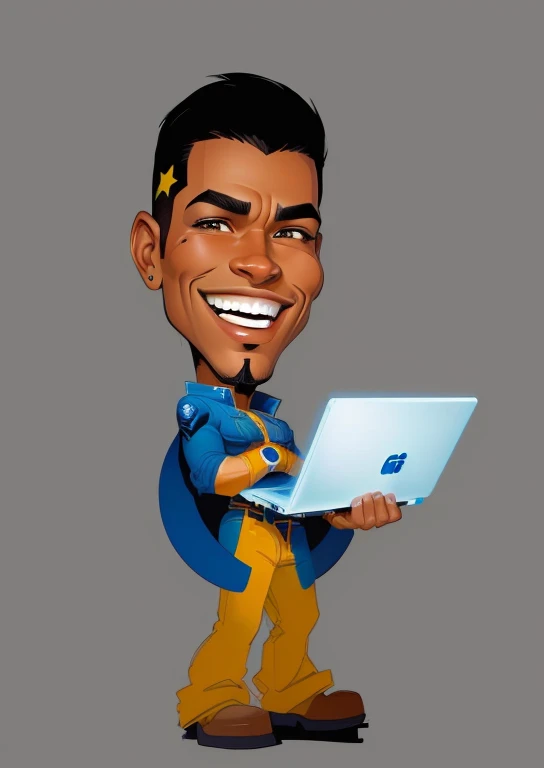 4k, comic babes, Boris Vallejo, cartoon man holding a laptop and smiling, cartoon art style, cartoon style, cartoon digital art, caricature illustration, digital art cartoon, cartoon style, cartoon illustration digital character, cartoon style illustration, cartoon digital painting, professional illustration, draw digitally on wacom tablet, dark skinned man with a giant smile, digital drawing, cartoon illustration, cartoon portrait, digital illustration