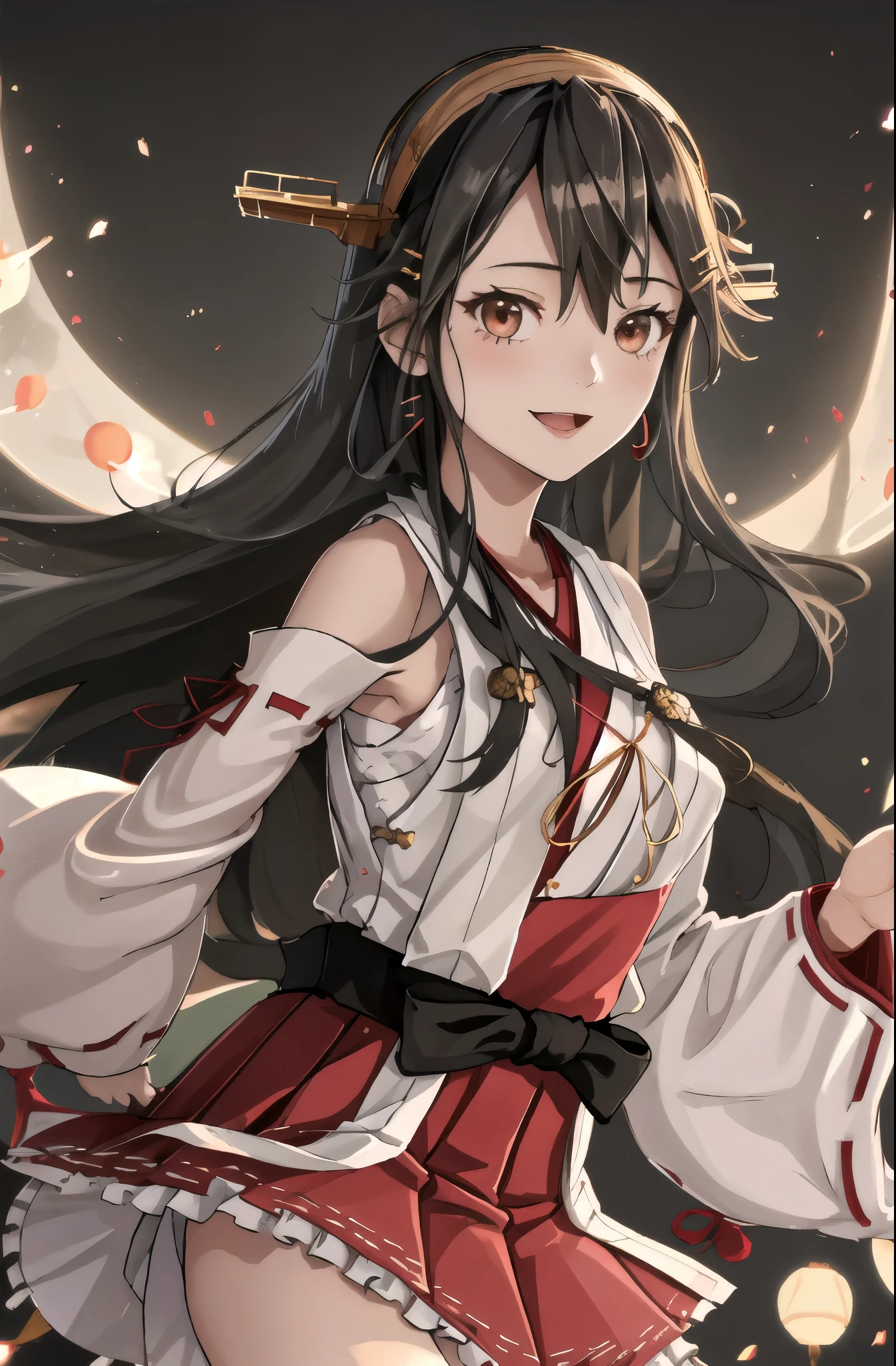 highest quality, masterpiece, High resolution, 一人in, {Aaron_Fleet Collection:1.15}, black_hair, length_hair, hair_ornament, hairband, Brown_eye, hairclip, red面, smile, headgear, chest, Non-traditional_Miko, hair_between_eye, One girl, independent_sleeve, Japanese_Clothes, Looking_in_Audience, red_skirt, ribbon-trimmed_sleeve, ribbon_trim, skirt, just_shoulder, Simple_background, white_background, Open_mouth, sarashi, wide_sleeve