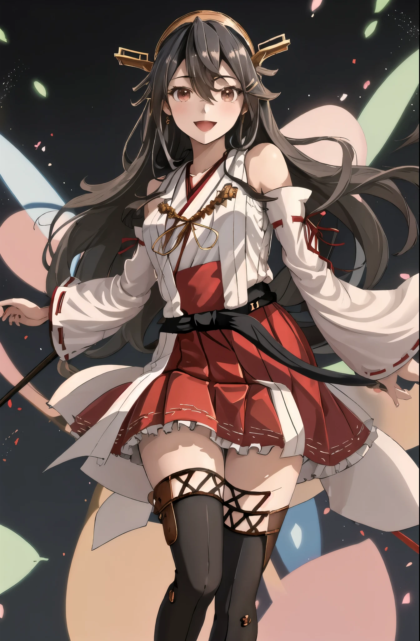 highest quality, masterpiece, High resolution, 一人in, {Aaron_Fleet Collection:1.15}, black_hair, length_hair, hair_ornament, hairband, Brown_eye, hairclip, red面, smile, headgear, chest, Non-traditional_Miko, hair_between_eye, One girl, independent_sleeve, Japanese_Clothes, Looking_in_Audience, red_skirt, ribbon-trimmed_sleeve, ribbon_trim, skirt, just_shoulder, Simple_background, white_background, Open_mouth, sarashi, wide_sleeve